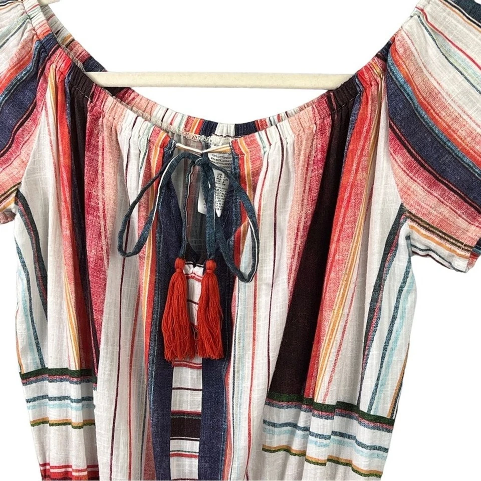 Mameluco para mujer Lucky Brand pequeño borla fuera del hombro rayas multicolores Foto 3 de 4