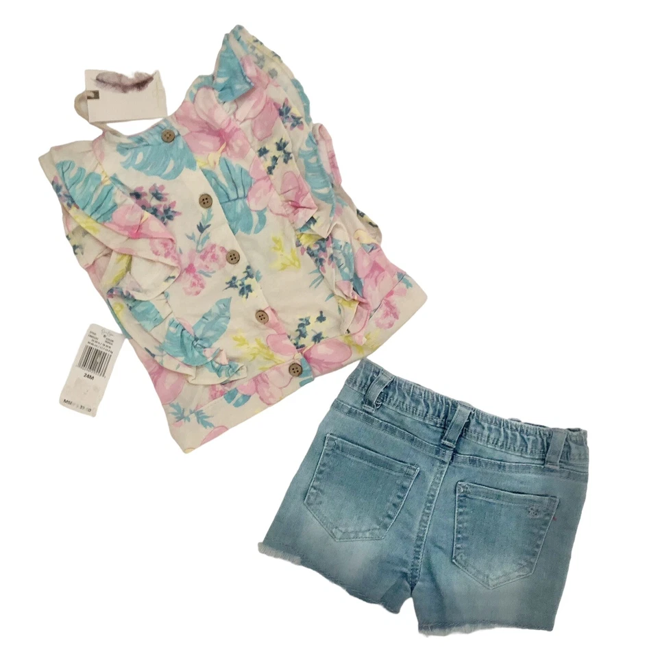 Jessica Simpson 2 Piezas Niño Bebé Niña Conjunto Tropical Top Denim Pantalones Cortos 24M Foto 3 de 4