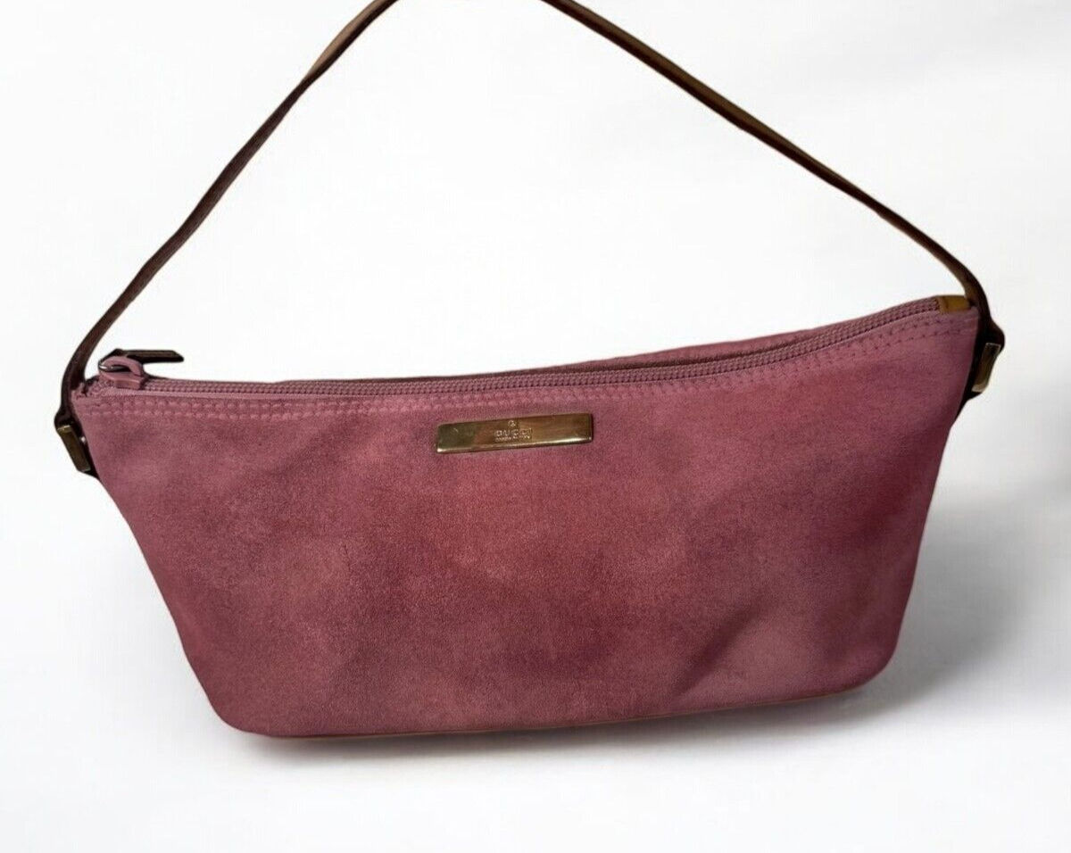Gucci Vintage Pink Baguette Suede Leather Shoulder Handbag