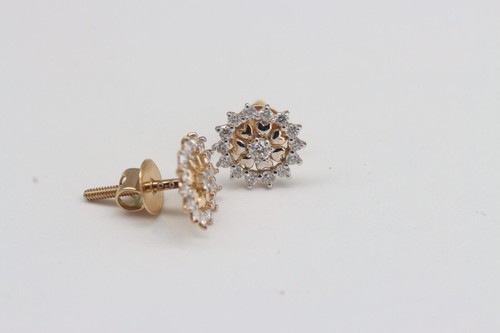Mini Stud Earrings For Her Sunflower Shape F-G VVS Round Natural 18k Solid Gold - Picture 7 of 16