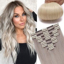 Fermaglio Capelli Umani 100% In Remy Extension Capelli Veri Morbidi TESTA PIENA Grigio Invisibile#