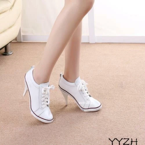 Mujeres Cuero Stiletto Tacones Altos Negro Blanco Bombas Con Cordones Tenis Zapatos Deportivos Foto 3 de 4