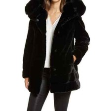 Gallery Coat Hooded Faux Fur Coat Black Cozy Soft Plush Size L Nwt