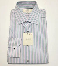NEW Hagen STRIPED Button Dress Shirt Men's LARGE L 16 32/33 Bright Pastel Cotton