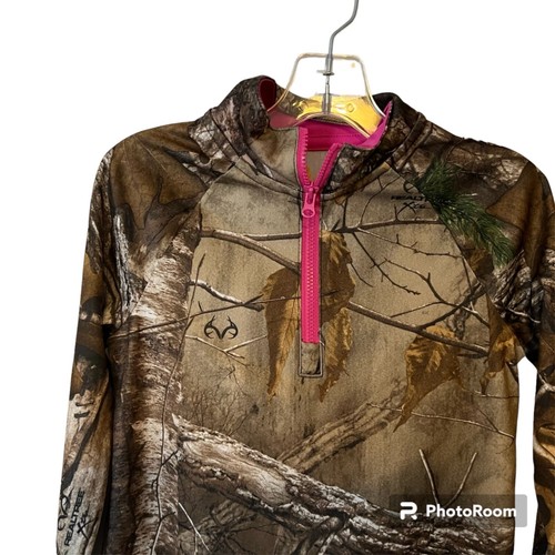 Carhartt Camo Top Girls Size 5 Peplum Hem Long Sleeve 1/4 Zip Brown Pink - Picture 9 of 9