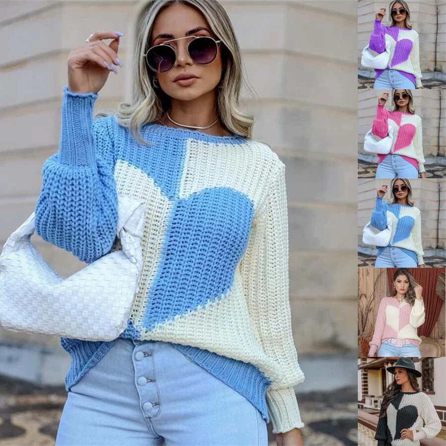 Womens Casual Loose Heart Printed Jumpers Ladies Long Sleeve Knitted  Sweatshirts | eBay