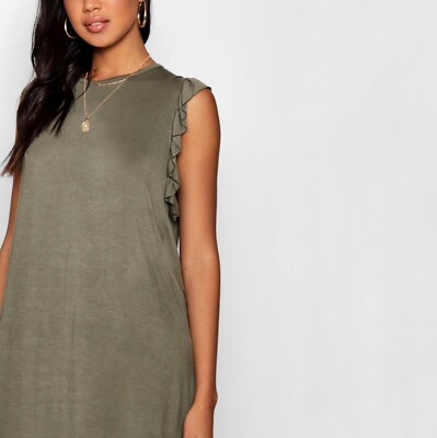Boohoo Army Green Ruffle Detail Jersey Shift Dress | Size US 10 / UK 14 |  eBay