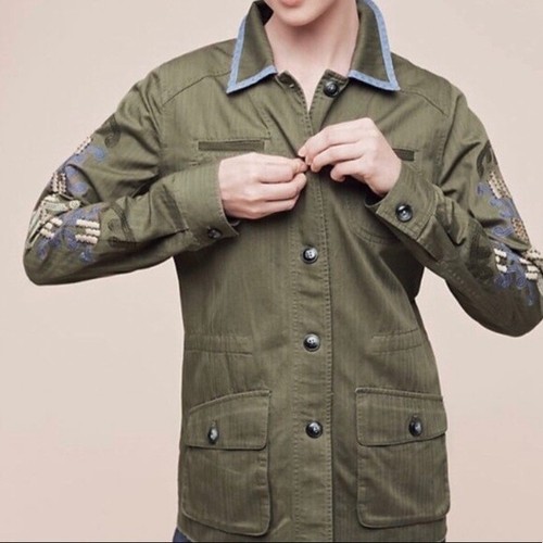 NEW ANTHROPOLOGIE HEI HEI EMBROIDERED GREEN UTILITY JACKET TOP MEDIUM - Picture 4 of 6