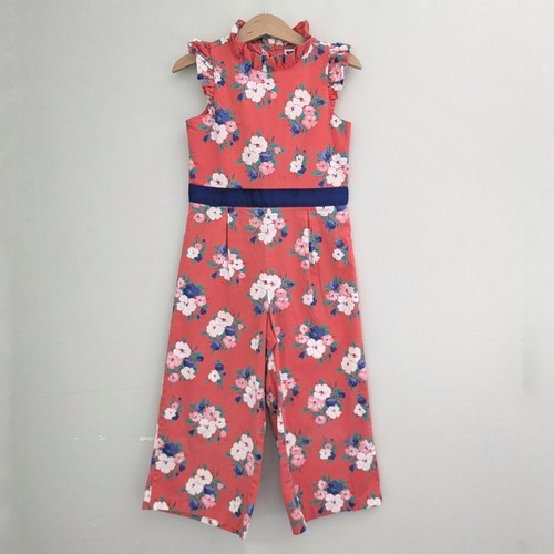 Janie and Jack Coral Floral Jumpsuit Wide Leg Cotton Stretch Twill Ruffle Size 5