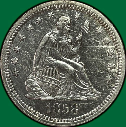 1858 Seated Liberty Quarter High Almost Uncirculated AU+/UNC Coin Cleaned #33577