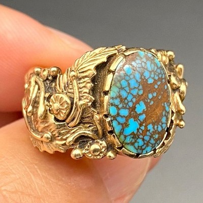 Vintage Navajo Boyd Tsosie Native Turquoise 14K Gold Ring Size 6.25