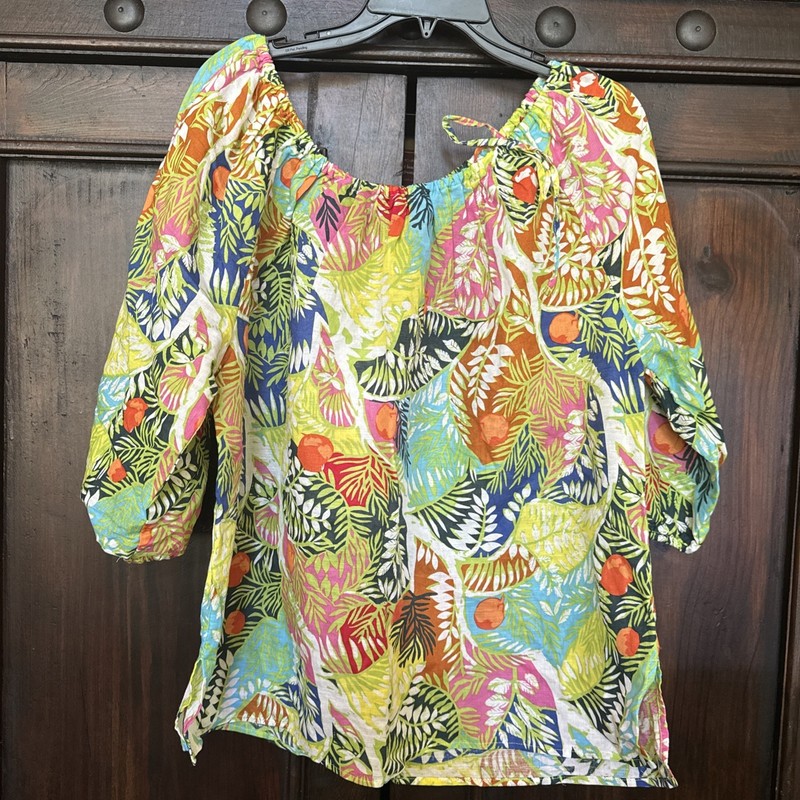 HESTER & ORCHARD Size XL Linen Blend Boho Colorful Puff Sleeve Peasant top