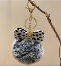 Pompom Leopard Print Keychain Gold Rhinestone Accents New Bag Charm Key Fob