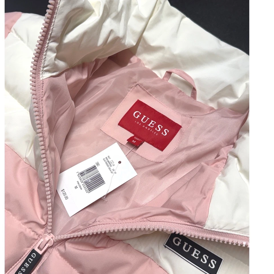 Guess Women's Pink White Colorblock Puffer Jacket Size M Lightweight Zip Up - Image 3 of 4