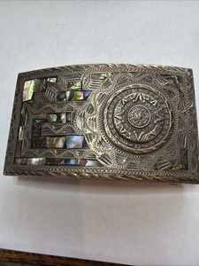 Vintage Mexican Sterling Silver Aztec Calendar Abalone Inlay Belt Buckle i13