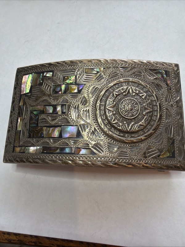 Vintage Mexican Sterling Silver Aztec Calendar Abalone Inlay Belt Buckle i13