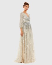 Mac Duggal 5509 Sequin Puff-Sleeve Surplice ALine Gown SZ 8 Silver Nude $598