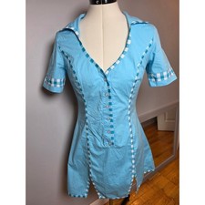 Blue Gingham Trim Mini Dress Short Sleeve Button Front V-Neck Retro Boho Y2K