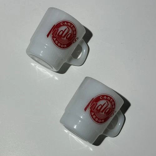 Lot of 2 Canton Akron Indians Coffee Mugs - white milk glass, baseball, vintage
