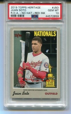 2019 Topps Heritage Juan Soto Real One Auto No Hat Red Ink /70 #JSO PSA 10
