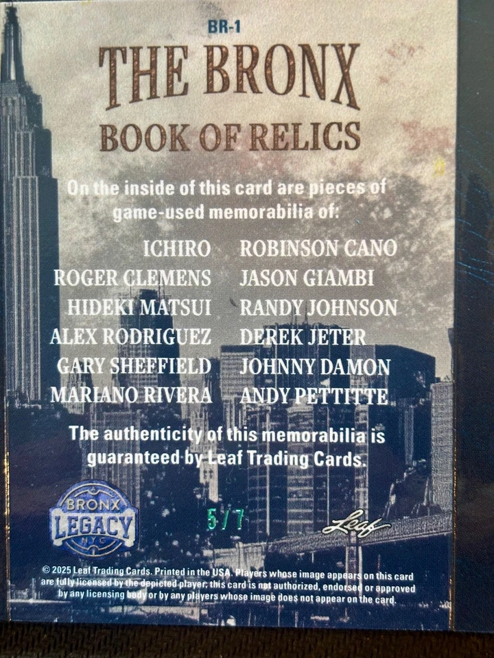 Libro Hoja 2025 New York Yankees 12 juegos usado reliquias Jeter/A Rod/Rivera/Clemens+8 Foto 3 de 3