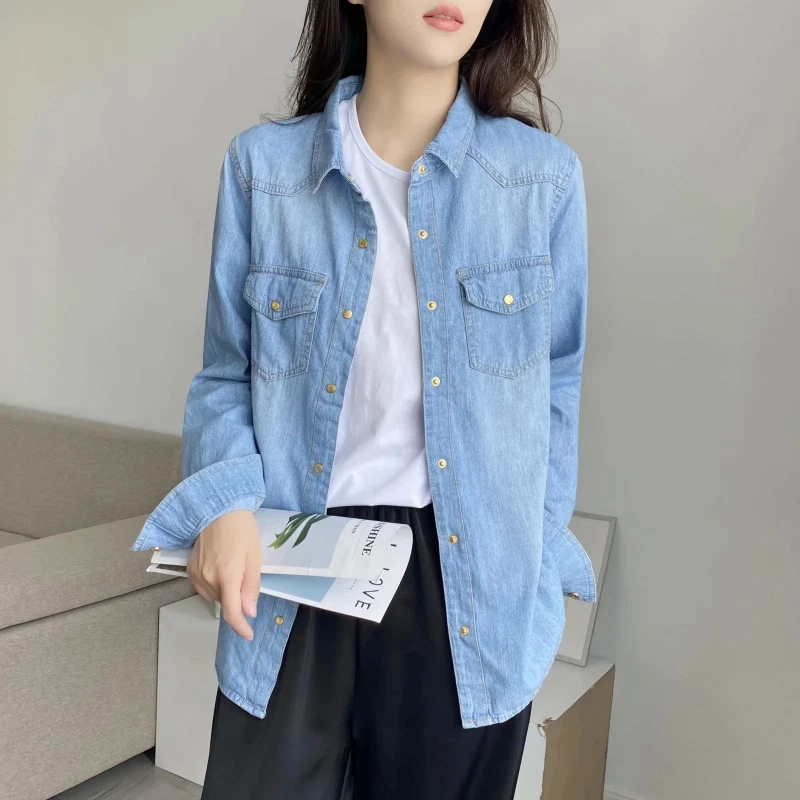 Buy hongqiantai Womens Vintage Button Down Denim Long Sleeves Lapel Jeans Shirts  Denim Blue XS at Amazon.in