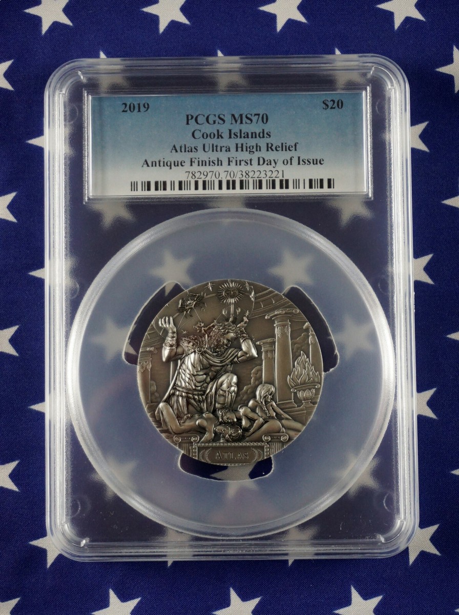 2019 $20 Cook Islands Atlas 3oz Antiqued .999 Silver Coin PCGS
