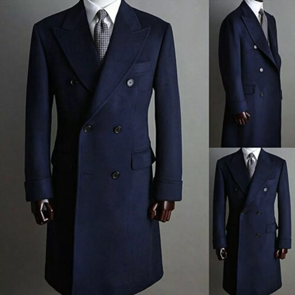 Navy Blue Wool Overcoat Long Double Breasted Peak Lapel Business