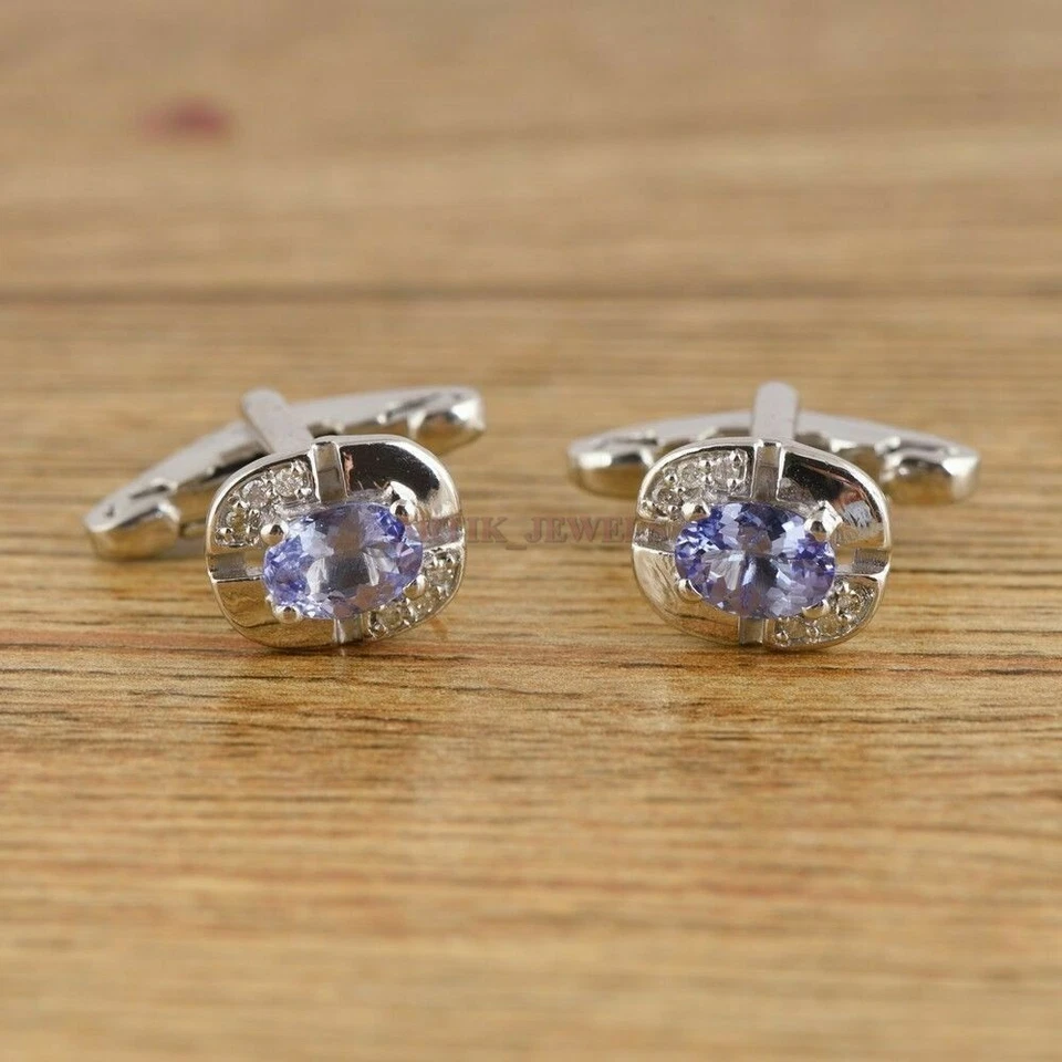 Natural Tanzanite & Diamond with 925 Sterling Silver Cufflink #2593 - Image 2 of 3
