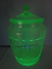 Anchor Hocking Glass Pillar Optic uranium Green Cookie Pretzel Jar 10.5”t 1930's