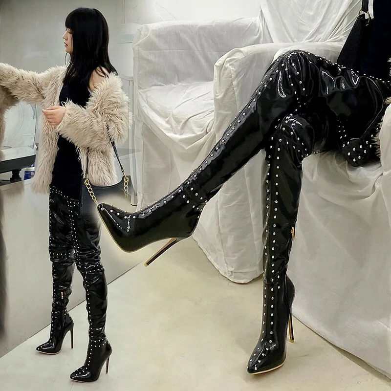  syztsho Thigh High Boots for Women Patent Leather PU Chunky  Heel Over The Knee Boots Sexy Square Toe Side Zipper GOGO Boots Size US6  CN36