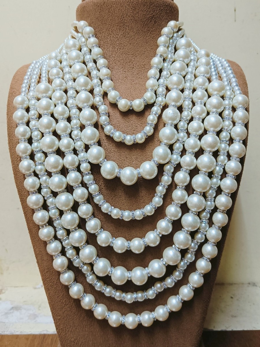 Heavy 8 Layered Chunky Creamy White Faux Pearls Statement Big 24