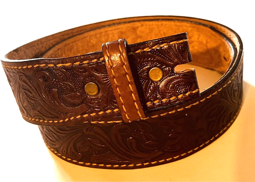 Vintage Torel Split Cowhide Tooled Belt 38 USA Brown Leather Brass Buckle - Picture 3 of 4