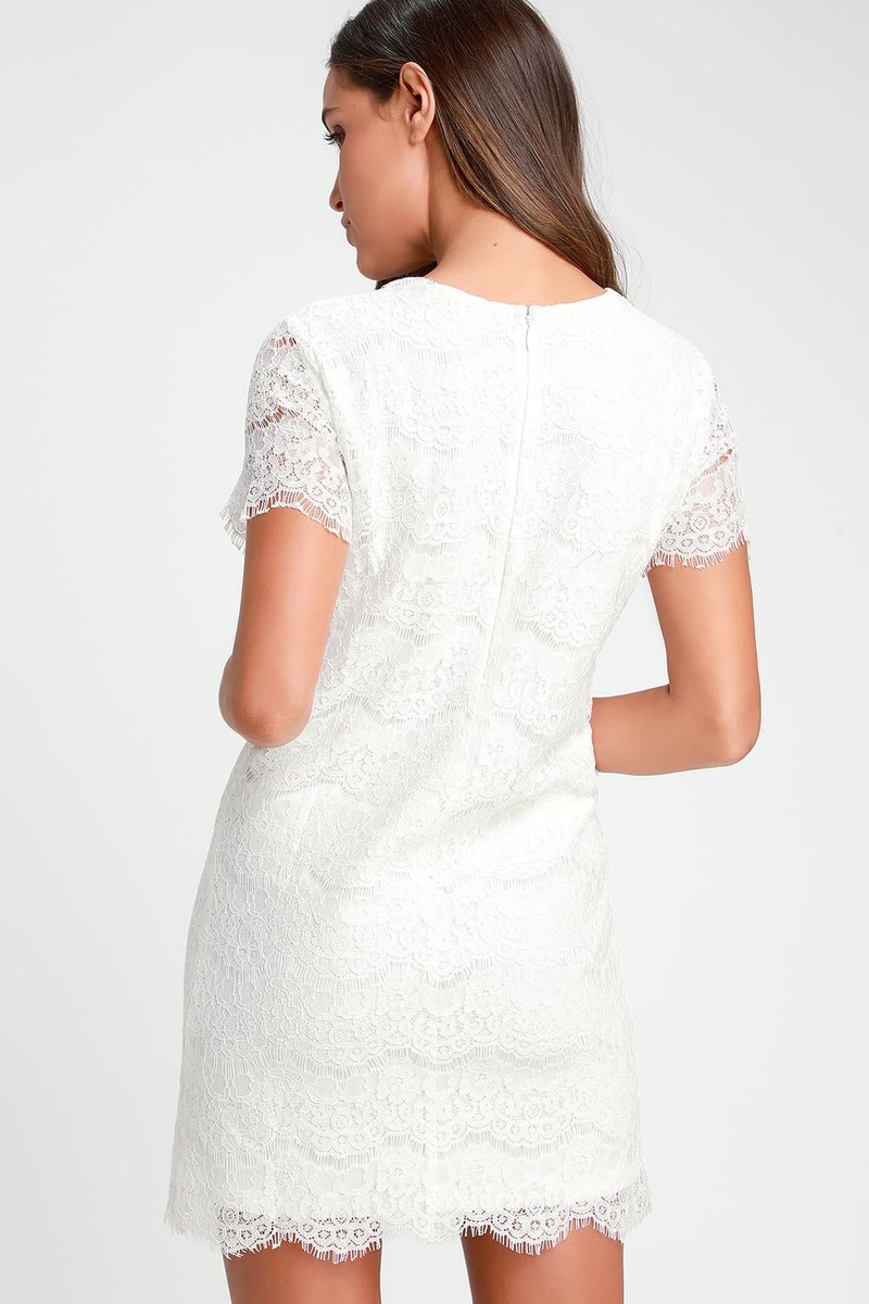 Lulus Take Me to Brunch Ivory White Lace Shift Dress Size S Short Sleeve