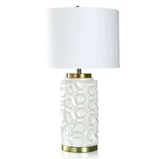 StyleCraft 32 in. White Glaze, Antique Brass, Hexagon Patterned Table Lamp