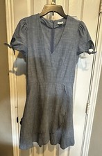 J. Crew Size 2 Denim Chambray Faux Wrap Ruffle Dress Tie Bow Cap Sleeves Summer