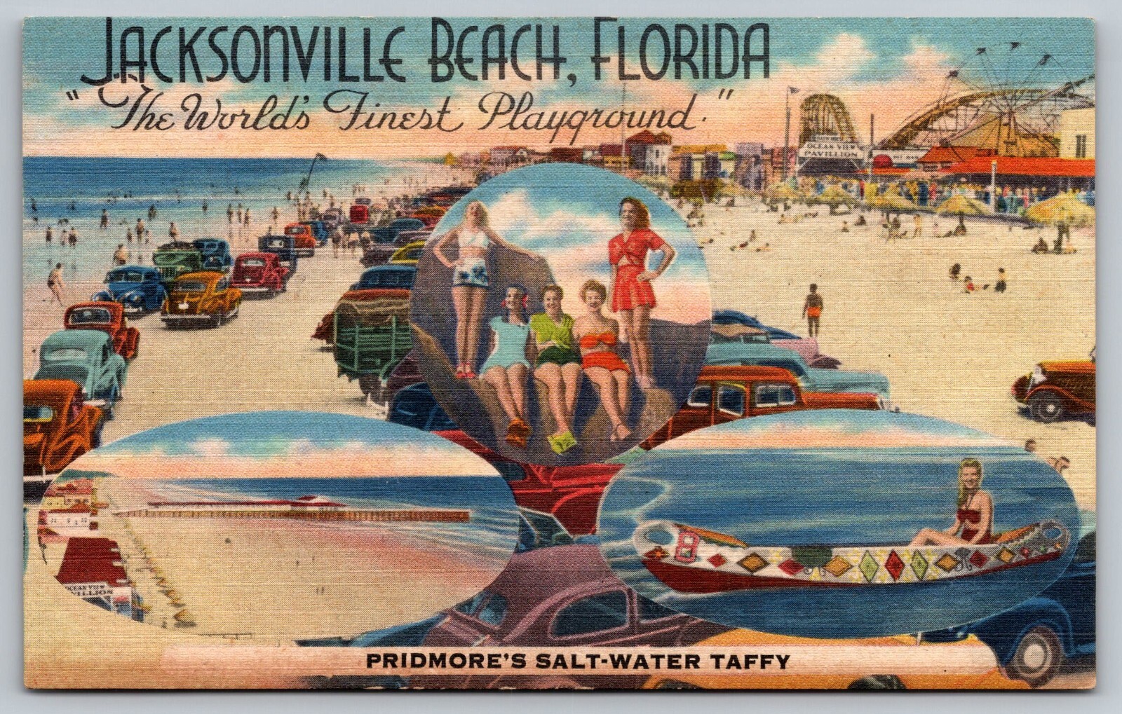Postcard Jacksonville Beach FL Pridmore Saltwater Taffy Amusement Multi