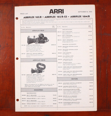 ベア ARRIFLEX 16 PRICE LIST, SEPT 1973/206743 | eBay
