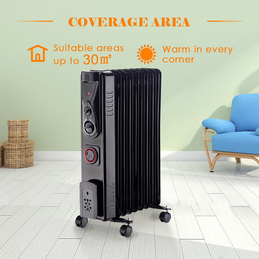 Portable 9 Fin 2000w Electric Oil Filled Radiator Heater With Timer Thermostat