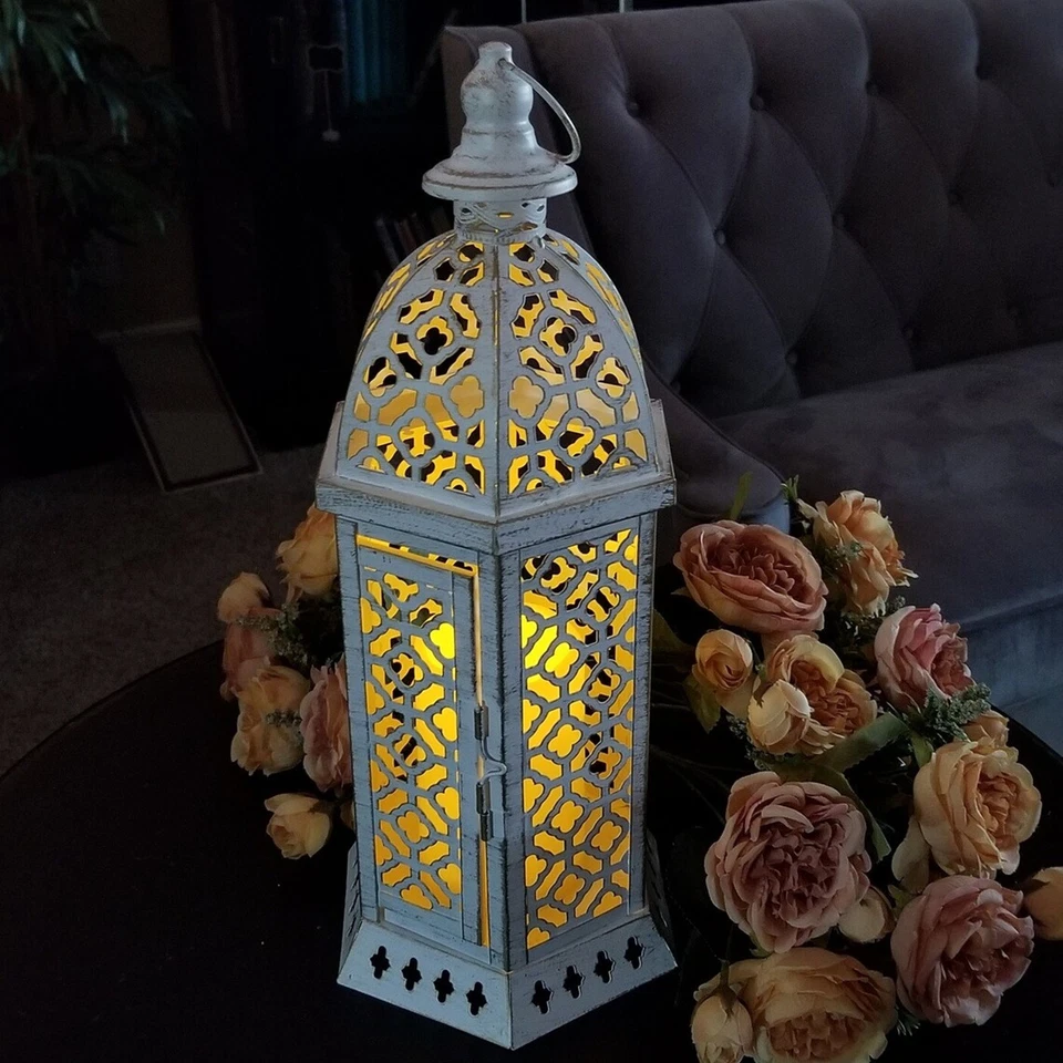 Lote de 8 piezas de descuento para boda linterna de vela hexagonal blanco envejecido corte 15" H Foto 3 de 4