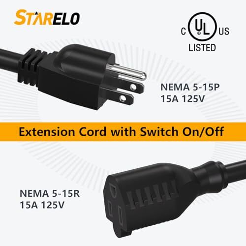 Extension Cord Near Waterproof Switch 3Prong Outdoor 1875W Black Heavy