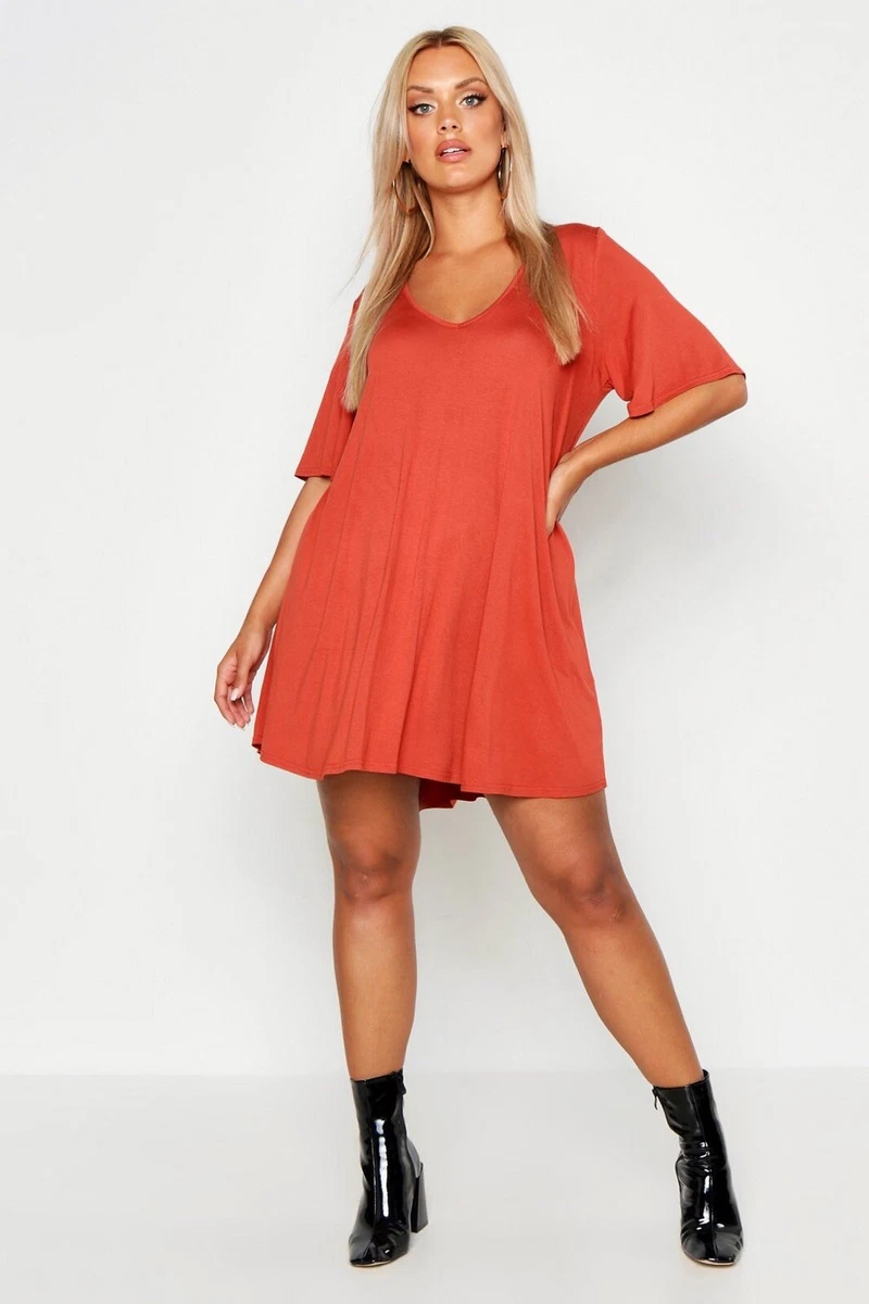 Boohoo Plus Terracotta V Neck Tie Back Short Sleeve Jersey Swing Dress Size 24