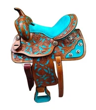 Turquoise Western Barrel Leather Horse Saddle Tack Set 10" to 18" Free Shipping