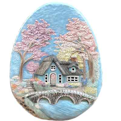 City Magic Large Egg with spring cottage painted porcelain Easter Christmas
