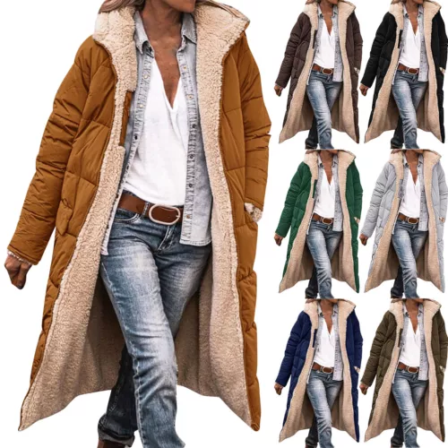 Women Winter Long Parka Quilted Knee Coat Hooded Ladies Warm Padded Jacket - Bild 2 von 45