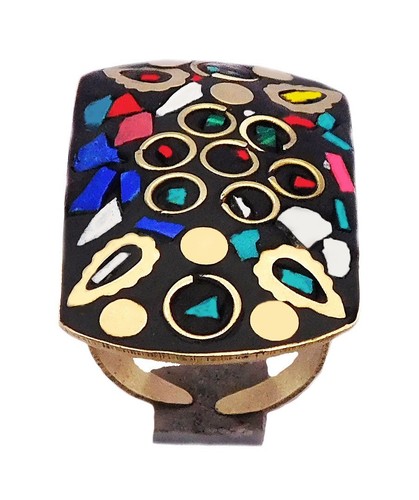 Anillos grandes tibetanos ajustables chapados en oro mezcla piedras preciosas 2 piezas étnicas hechas a mano - Imagen 2 de 5