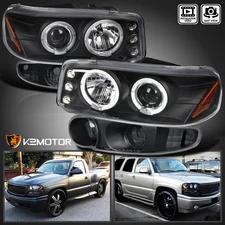 Fits 2000-2006 GMC Yukon Denali Black LED Halo Projector Headlights+Bumper Lamps