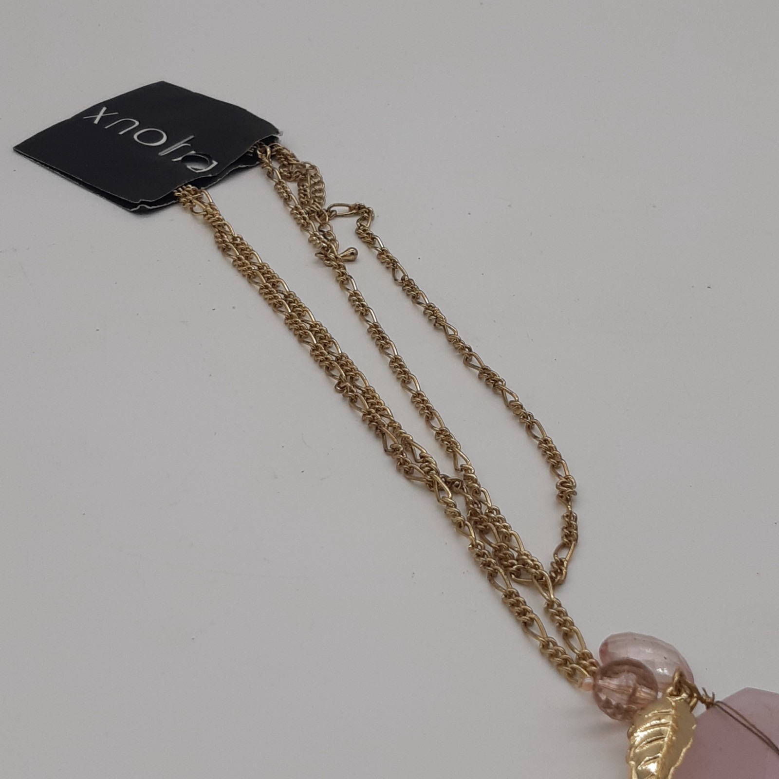 Bijoux Gold Tone Layered Chain Necklace Pink Rose Quartz Style Stone Leaf Pendan image 3