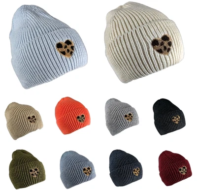 MARKENLOS Trendy Strickmütze mit Leo-Herz-Patch 100% Viskose (SH-2677)