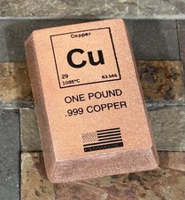 1 lb Pure .999 Copper Bar  Hand poured fine .999 pure copper bullion
